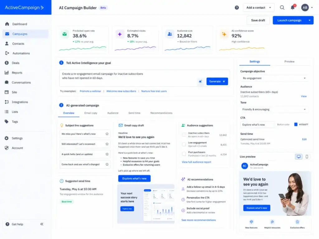 ActiveCampaign AI Campaign Builder interface with Active Intelligence recommendations in 2026