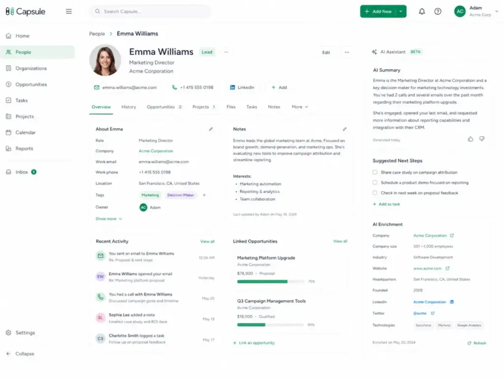 Capsule CRM contact record showing an AI assistant panel with AI summary, suggested next steps, contact enrichment data, recent activity, and linked opportunities.