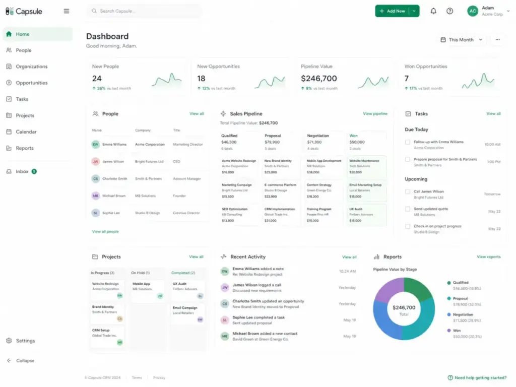 Capsule CRM dashboard showing contact records, sales pipeline cards, task reminders, project boards, recent activity, and reporting widgets.