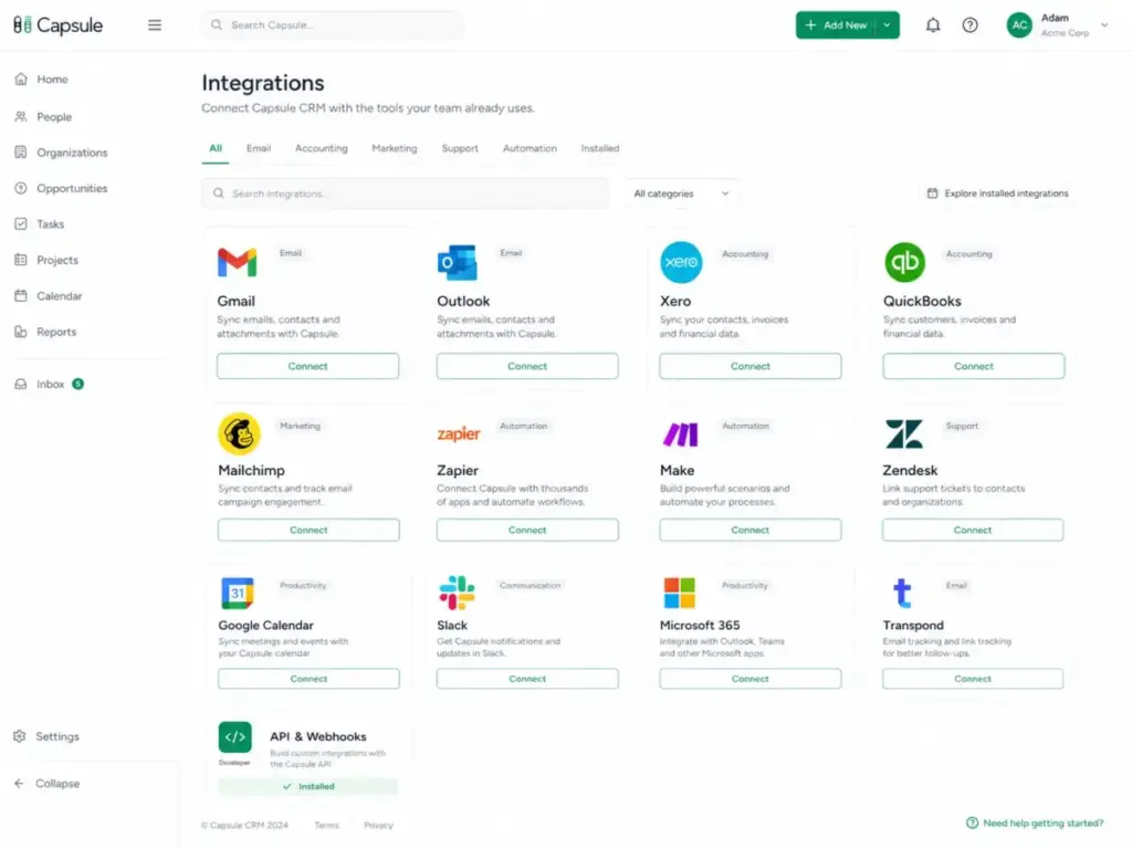 Capsule CRM integrations marketplace showing app cards for Gmail, Outlook, Xero, QuickBooks, Mailchimp, Zapier, Make, Zendesk, Google Calendar, Slack, Microsoft 365, and API webhooks.