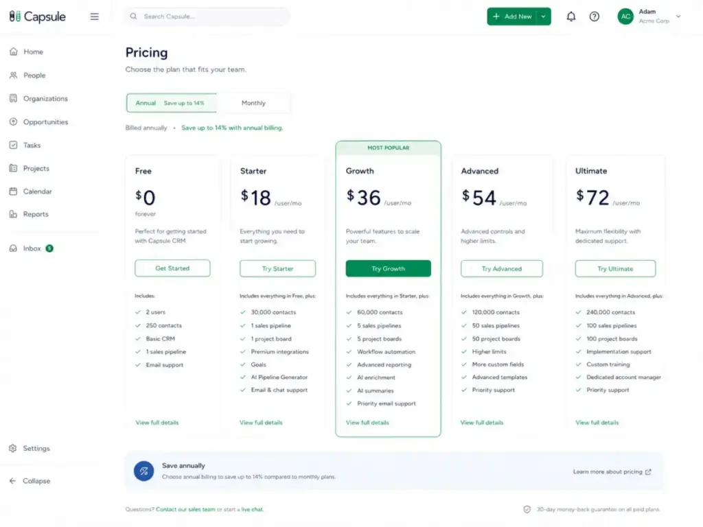 Capsule CRM pricing page showing annual plan cards for Free, Starter, Growth, Advanced, and Ultimate with user pricing, contact limits, pipeline limits, project boards, automation, reporting, and AI features.