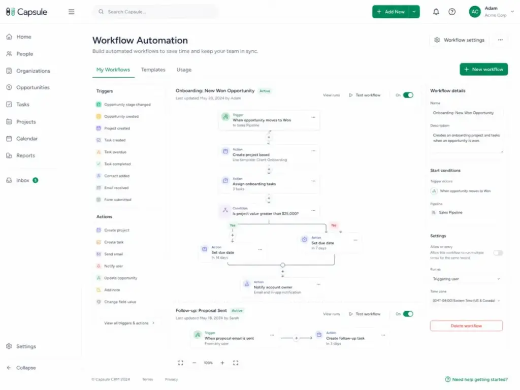 Capsule CRM workflow automation screen showing a visual builder with opportunity stage triggers, task actions, project creation steps, conditions, and workflow settings.