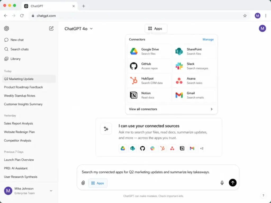 ChatGPT interface showing the Apps menu open with connectors for Google Drive, SharePoint, GitHub, Slack, HubSpot, Asana, Notion, and Gmail.