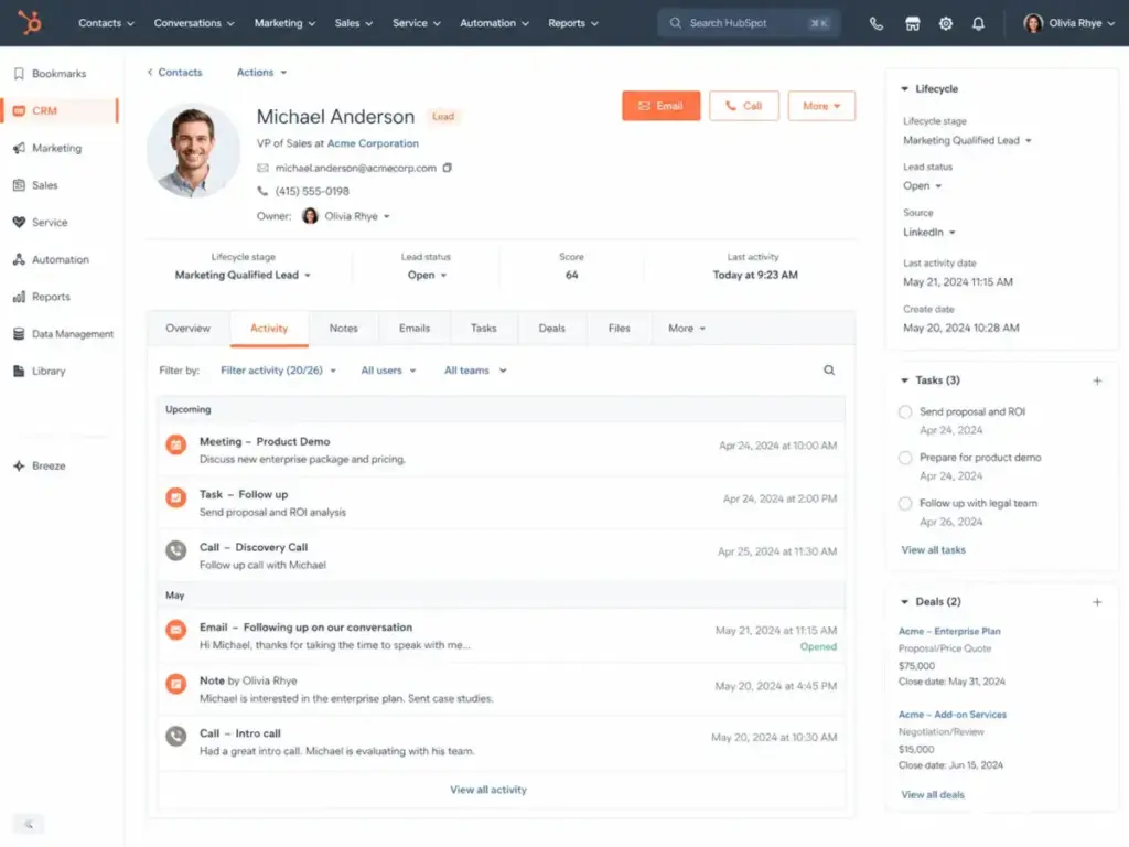 HubSpot-style Smart CRM contact record showing lifecycle stage, activity timeline, tasks, deals, email history, and customer data for a sales lead.