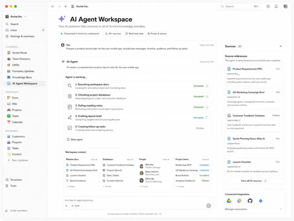 Notion-style AI Agent workspace showing task execution steps, connected workspace context, related documents and databases, and a sidebar with source references and integrations.