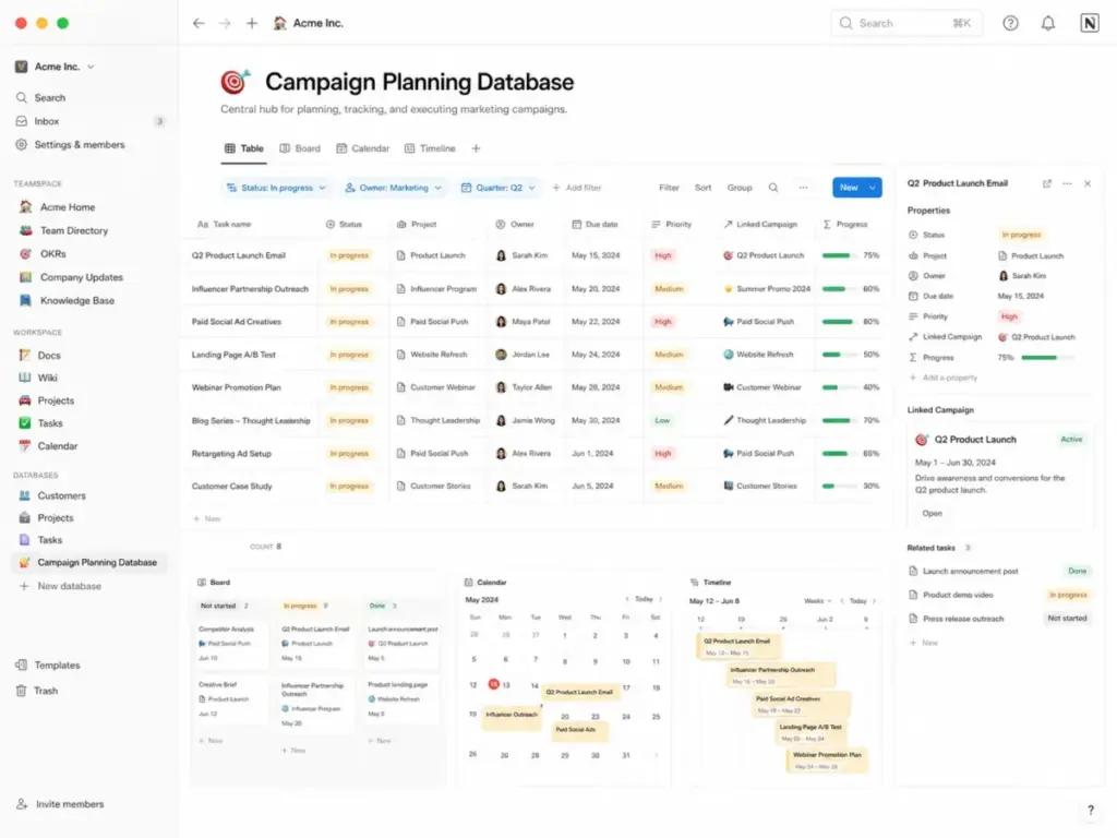 Notion-style database view showing a table with filters, linked relations, rollups, progress fields, and preview panels for board, calendar, and timeline layouts.