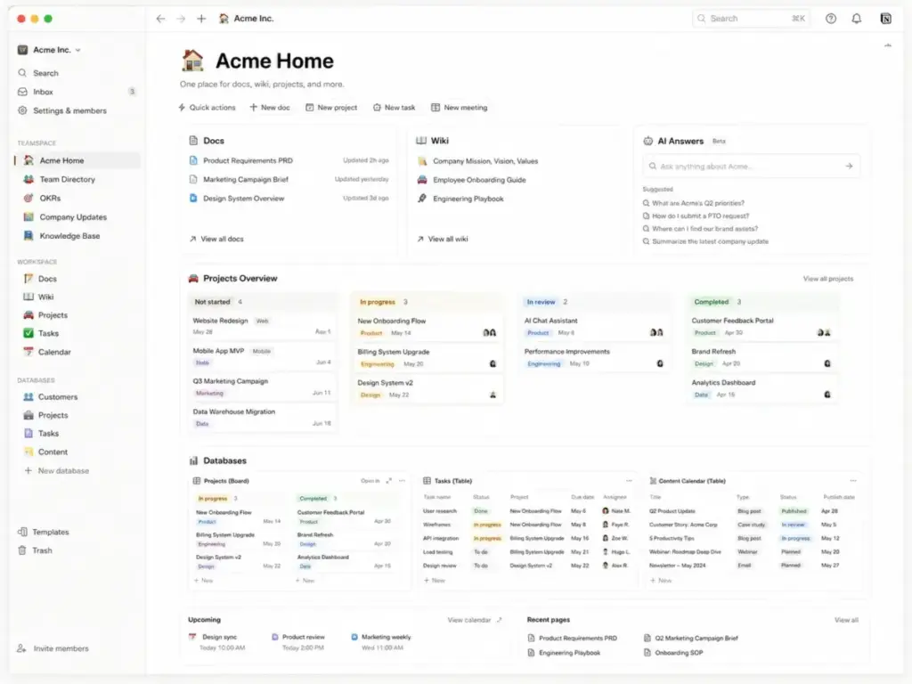 Notion-style workspace dashboard showing a left sidebar, docs, wiki pages, project boards, database tables, calendar items, and an AI answers search panel.