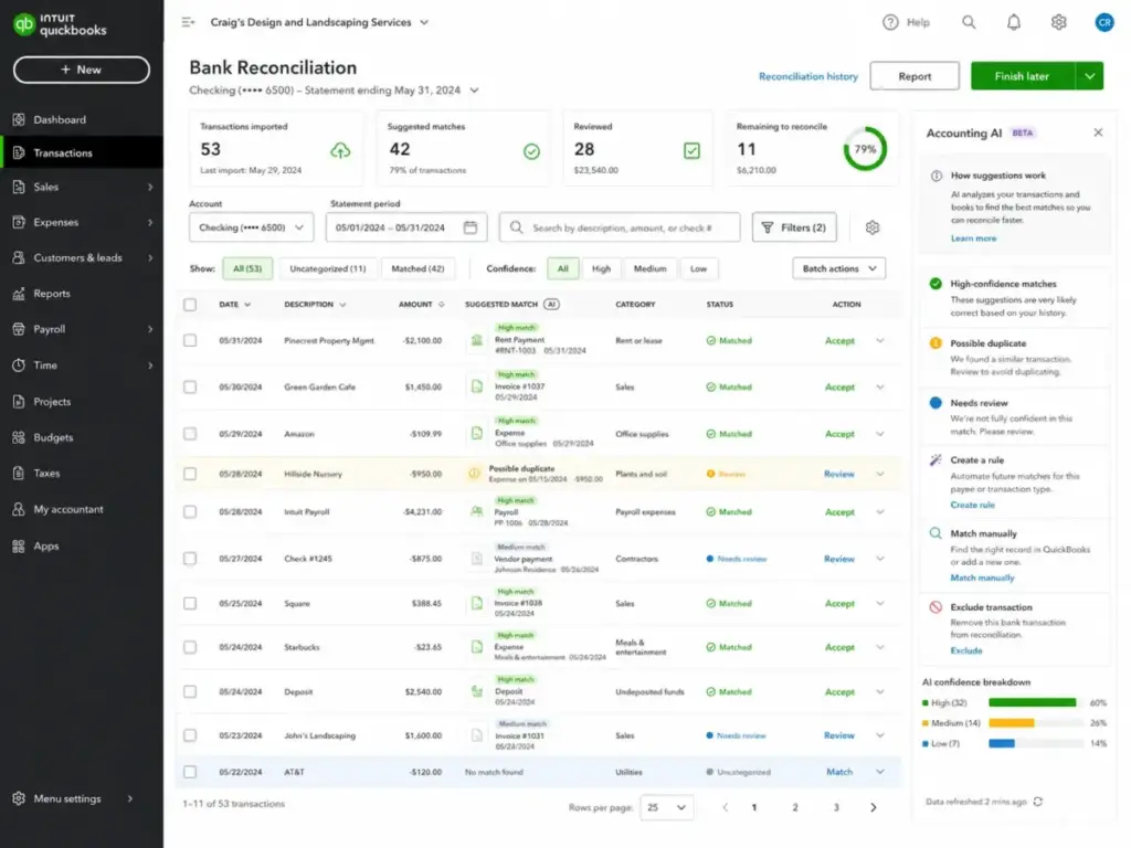 QuickBooks Online bank reconciliation screen showing imported transactions, AI-suggested matches, confidence levels, review controls, and Accounting AI guidance panel.