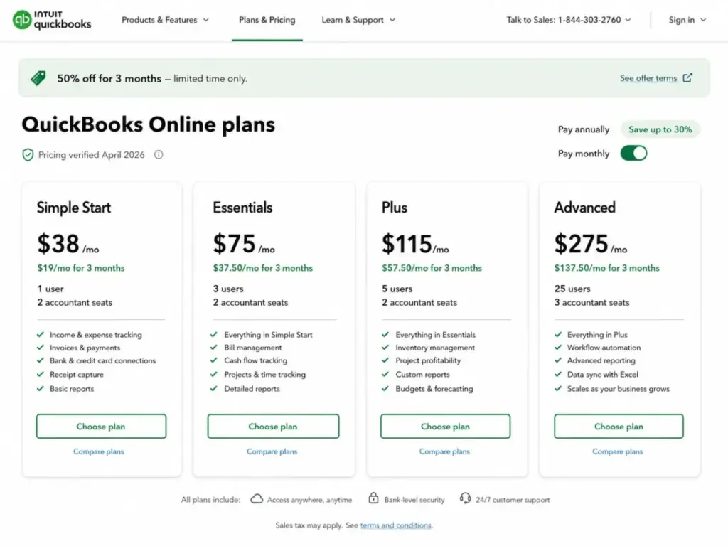 QuickBooks Online pricing page showing Simple Start, Essentials, Plus, and Advanced plans with April 2026 monthly pricing, promo discounts, user limits, and key features.