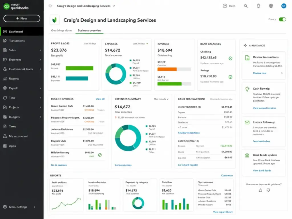 QuickBooks Online dashboard showing invoices, expenses, bank balances, bank transactions, reports, and AI guidance cards for a small business.