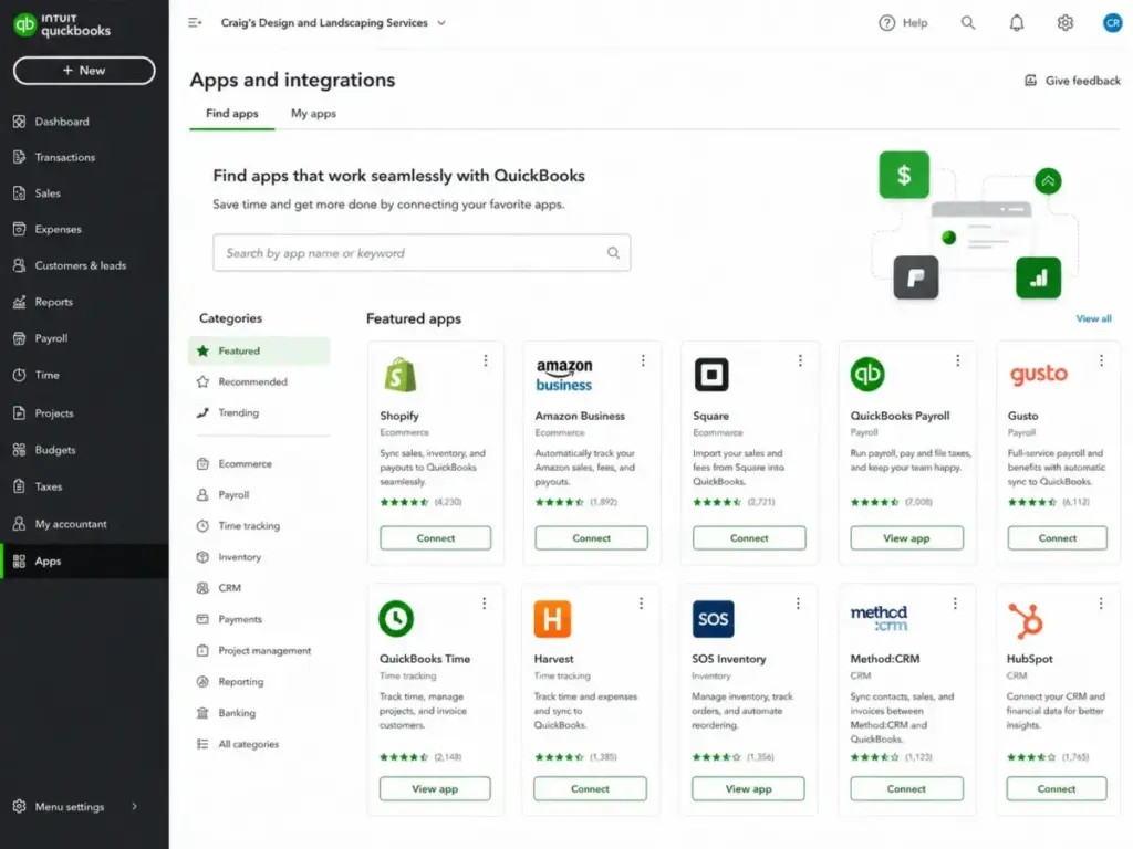 QuickBooks Online integrations marketplace showing app categories for ecommerce, payroll, time tracking, inventory, CRM, payments, reporting, and banking.