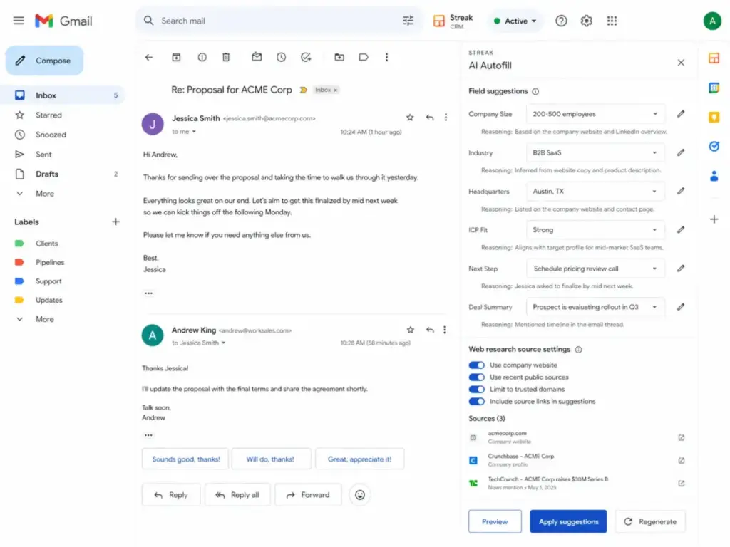 Streak AI Autofill panel in Gmail showing suggested CRM fields, reasoning notes, source settings, and web research sources.