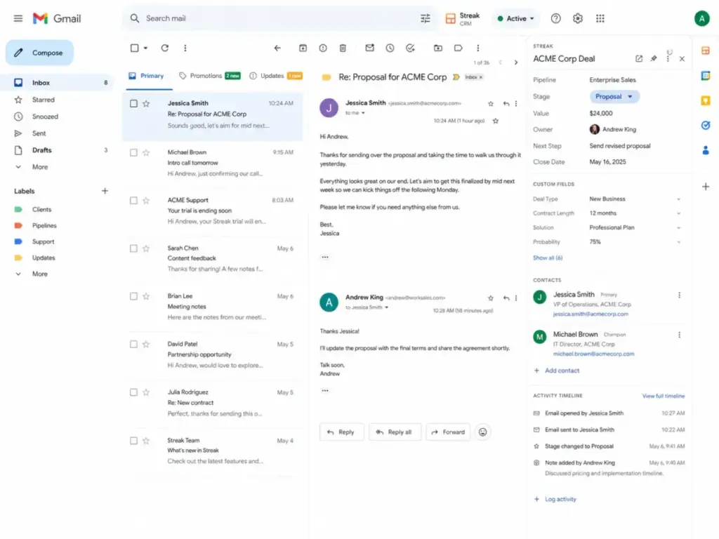 Streak CRM inside Gmail showing an open email thread, deal sidebar, pipeline fields, contact details, and activity timeline.