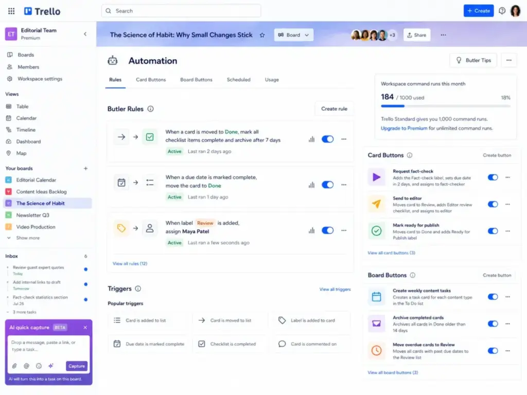 Trello automation dashboard showing Butler rules, card buttons, board buttons, triggers, and monthly command-run quota usage.