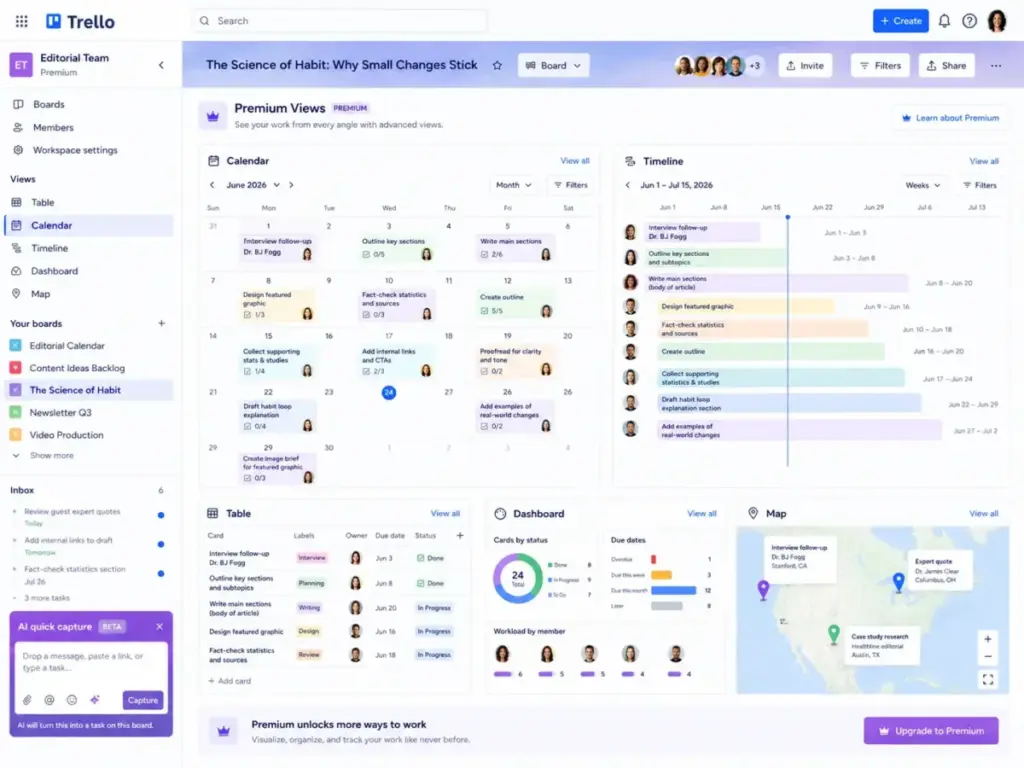 Trello Premium views interface showing Calendar, Timeline, Table, Dashboard, and Map views for managing editorial tasks and project visibility.