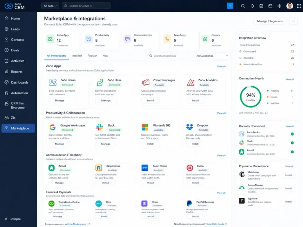 Zoho CRM Marketplace integrations screen showing Zoho apps, Google Workspace, Slack, Microsoft 365, Aircall, RingCentral, QuickBooks, Xero, Stripe, and PayPal integration cards.