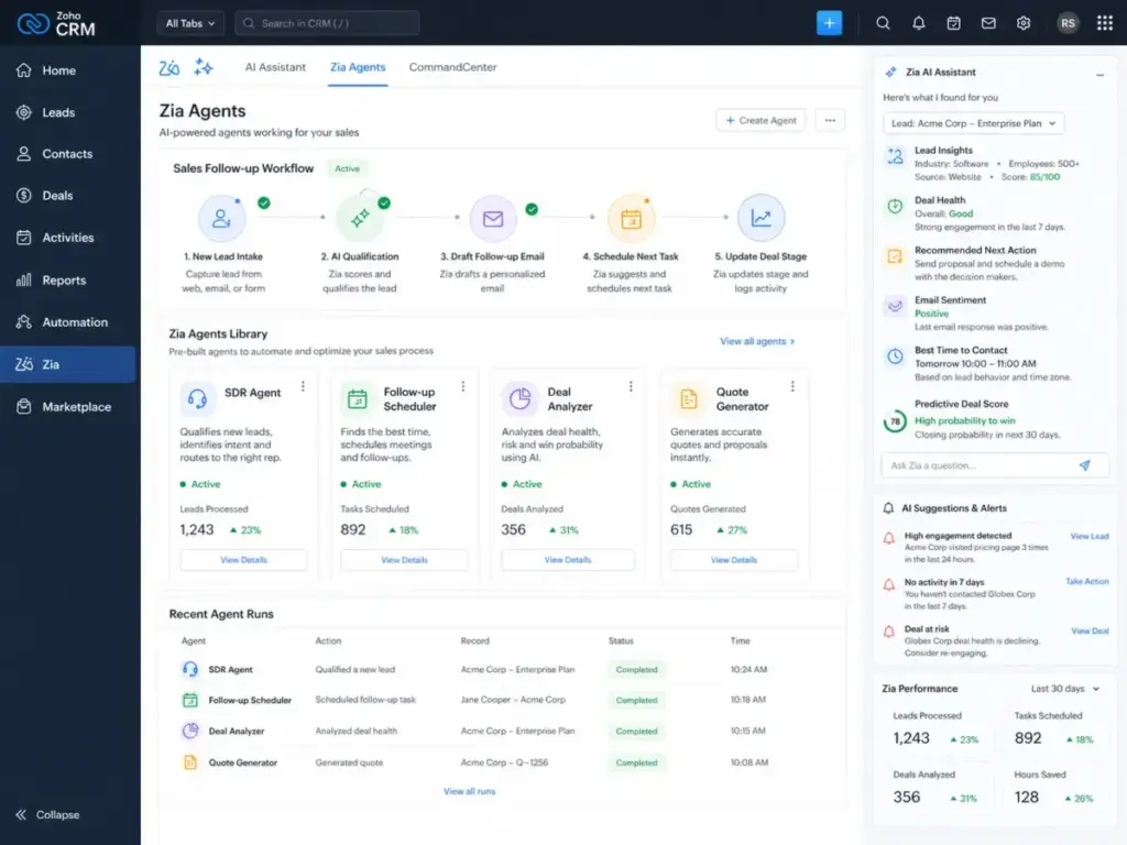 Zoho CRM Zia Agents interface showing AI-assisted lead qualification, follow-up scheduling, deal analysis, quote generation, and sales workflow recommendations.