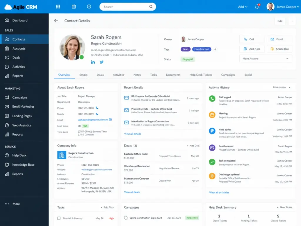 Agile CRM contact record showing a 360-degree contact view with linked emails, deals, activity history, company info, tasks, campaigns, and help desk summary in 2026