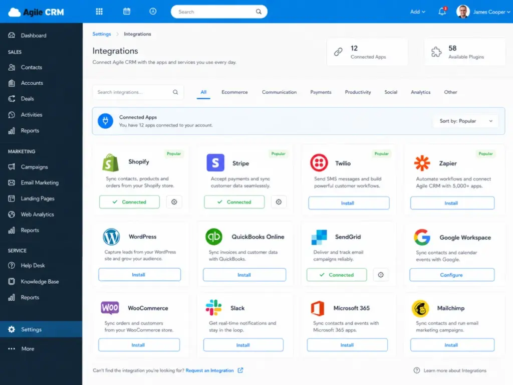 Agile CRM integrations page showing Shopify, Stripe, Twilio, Zapier, WordPress, QuickBooks, SendGrid, Google Workspace, and plugin tiles in 2026