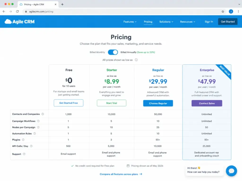 Agile CRM pricing page showing Free, Starter, Regular, and Enterprise plans with pricing, feature limits, and support details in 2026