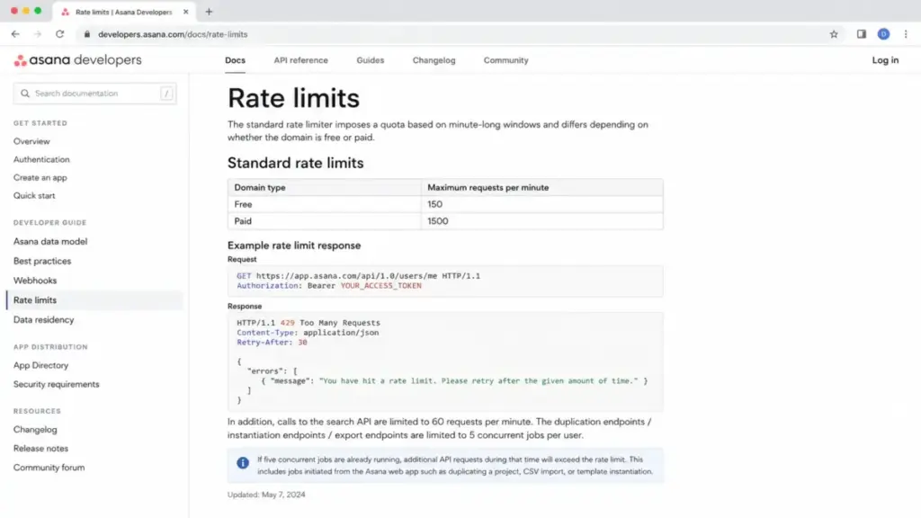 Asana developer documentation rate limits page showing free 150 requests per minute, paid 1500 requests per minute, search API 60 requests per minute, and 5 concurrent jobs limit.