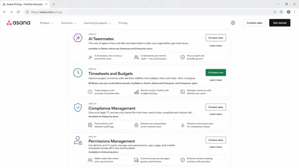 Asana pricing add-ons section showing AI Teammates, Timesheets and Budgets, Compliance Management, and Permissions Management.