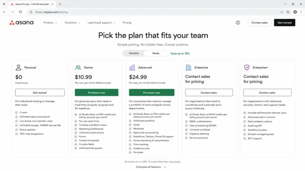 Asana pricing page showing Personal, Starter, Advanced, Enterprise, and Enterprise+ plans with Starter at $10.99 and Advanced at $24.99.