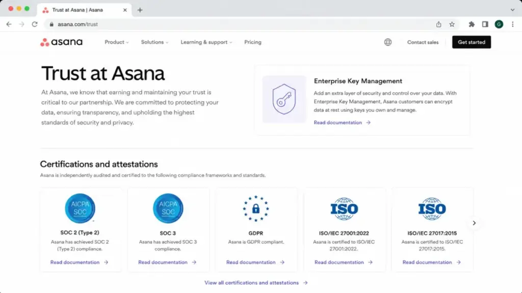 Asana Trust page showing SOC 2, SOC 3, GDPR, ISO compliance, and Enterprise Key Management references.