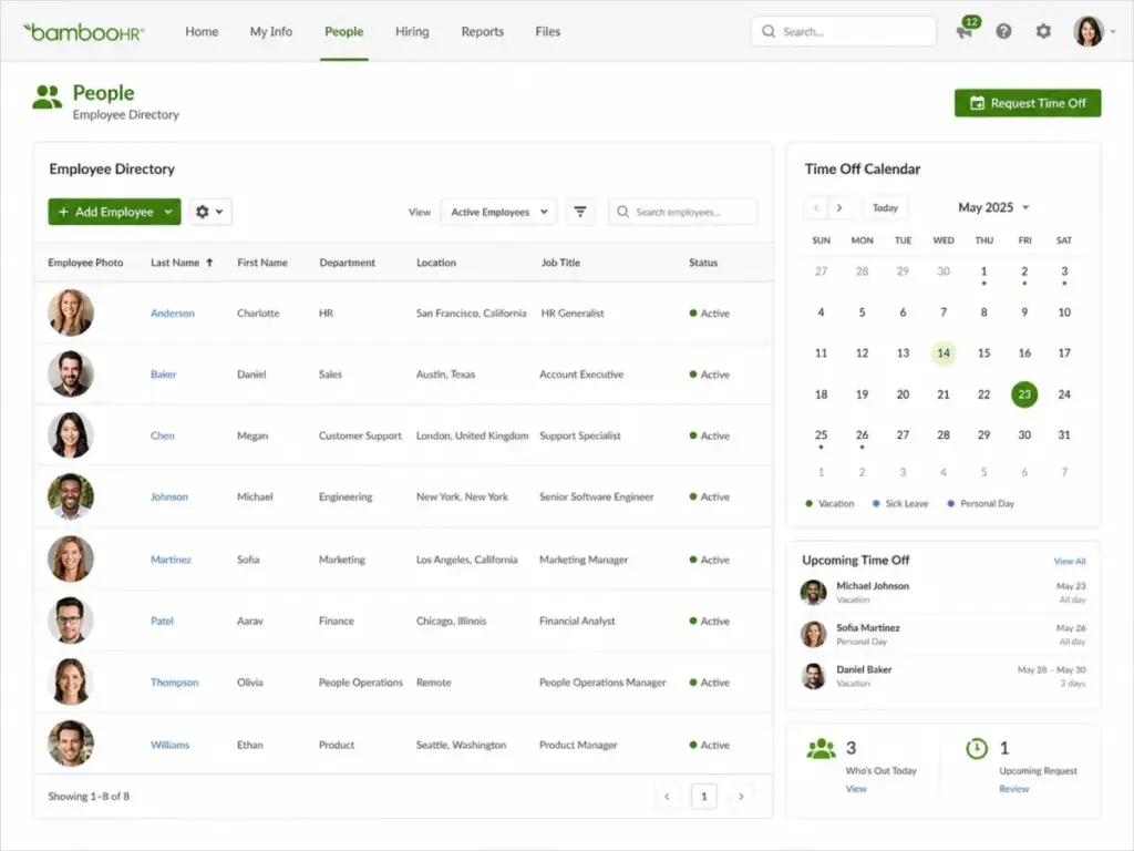 BambooHR dashboard showing an employee directory table alongside a time-off calendar and upcoming leave requests.