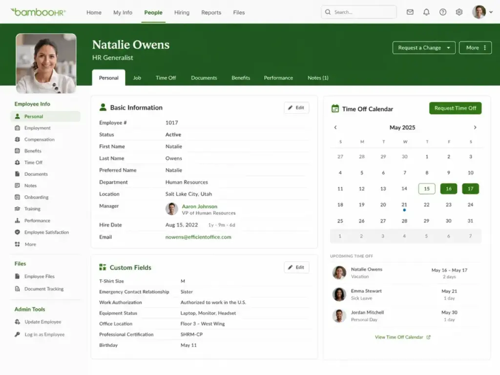BambooHR employee records dashboard showing basic employee information, custom fields, and a time-off calendar.