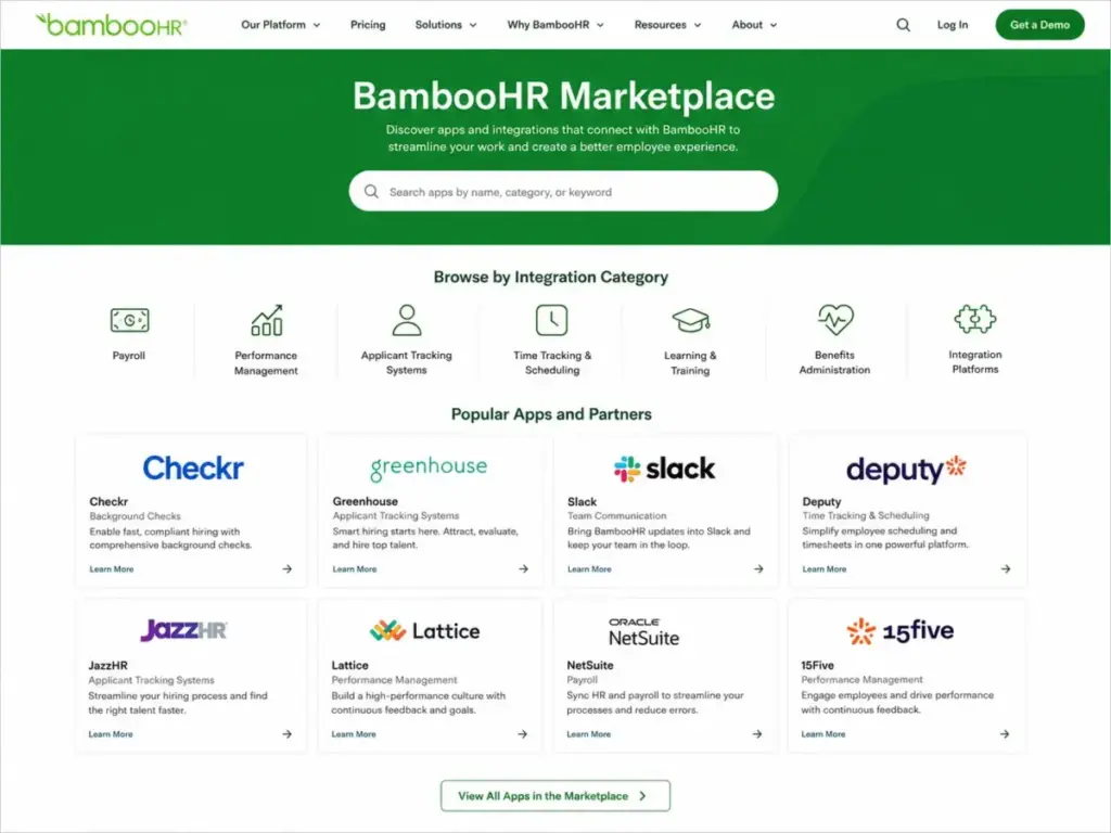 BambooHR Marketplace page showing integration categories and partner app logos including Checkr, Greenhouse, Slack, Deputy, JazzHR, Lattice, NetSuite, and 15Five.