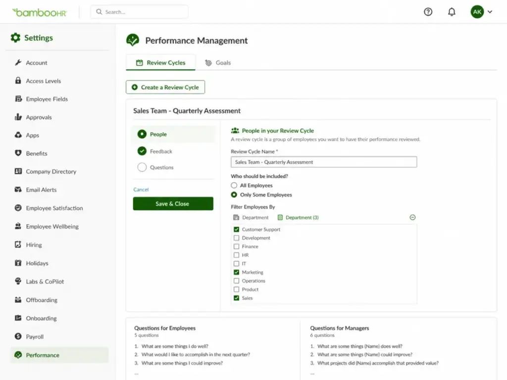 BambooHR Performance Management screen showing a Pro plan review cycle setup with employee filters and review questions.