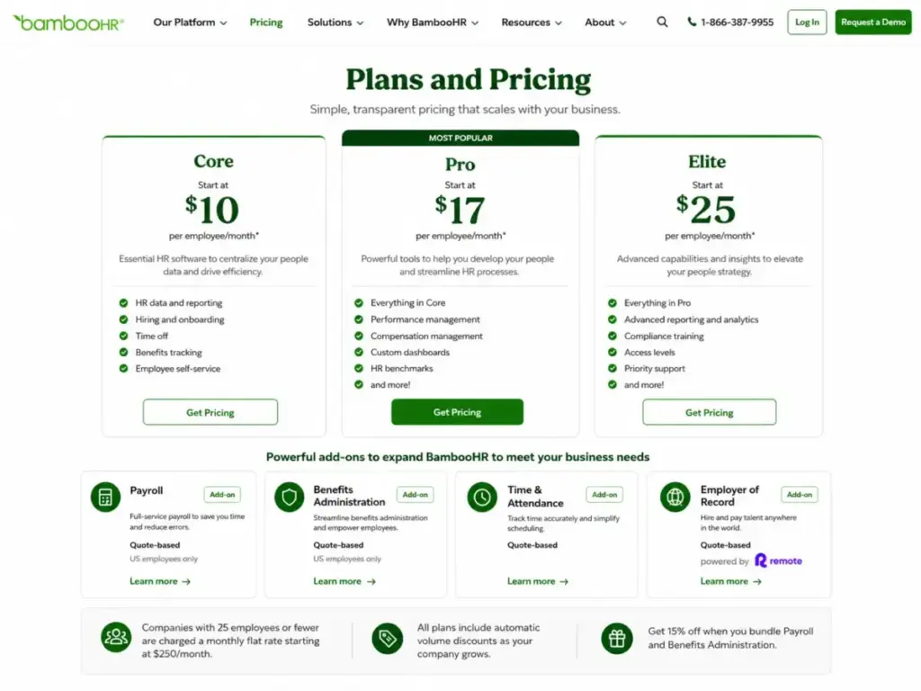 BambooHR pricing page showing Core, Pro, and Elite plans with a $250 per month flat-rate note for companies with 25 employees or fewer.