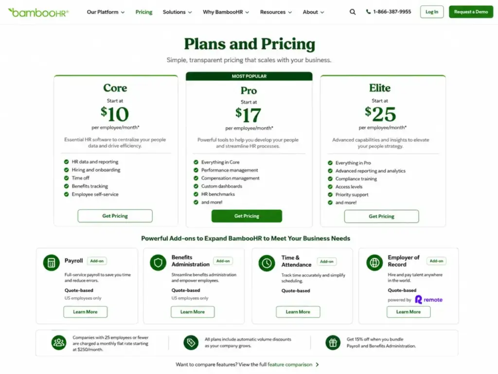 BambooHR pricing page showing Core, Pro, and Elite plan cards with payroll, benefits, time attendance, and employer of record add-ons.