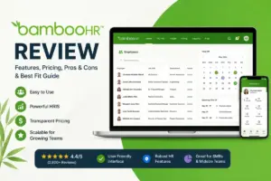 BambooHR Review 2026 featured image showing BambooHR dashboard mockups, pricing, HRIS features, pros and cons.