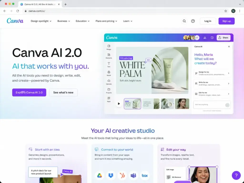 Canva AI 2.0 homepage showing the main entry point, hero section, AI assistant panel, and creative studio feature cards.