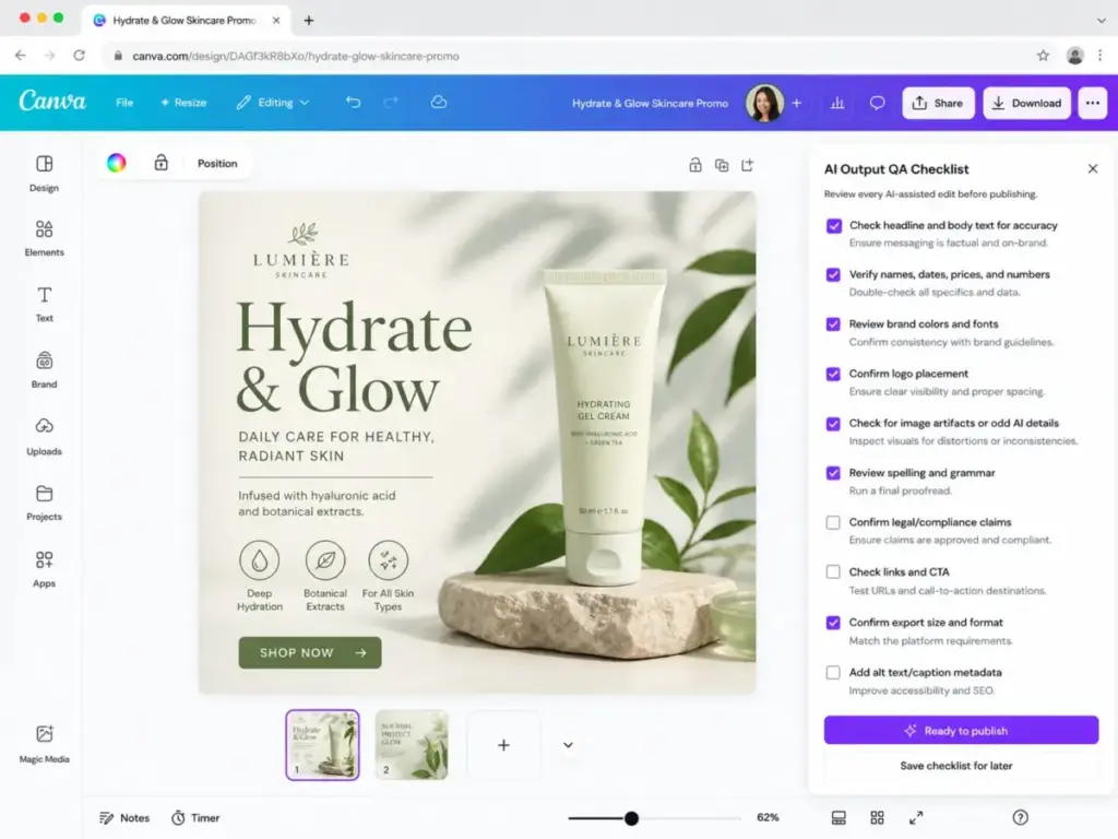 Canva editor showing an AI output QA checklist with review steps for accuracy, brand consistency, spelling, compliance, links, export format, and metadata.