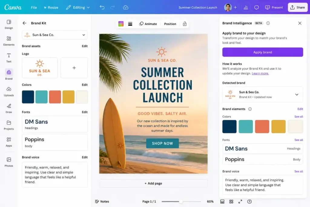 Canva Brand Kit settings showing brand colors, fonts, logo, brand voice, and a Brand Intelligence panel applying the brand to a design.