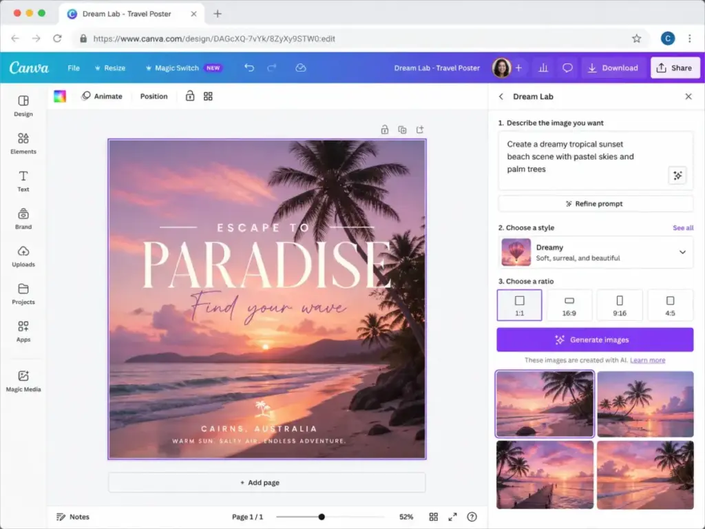 Canva Dream Lab panel showing an AI image prompt, style options, aspect ratio choices, generated image thumbnails, and a travel poster design in the editor.