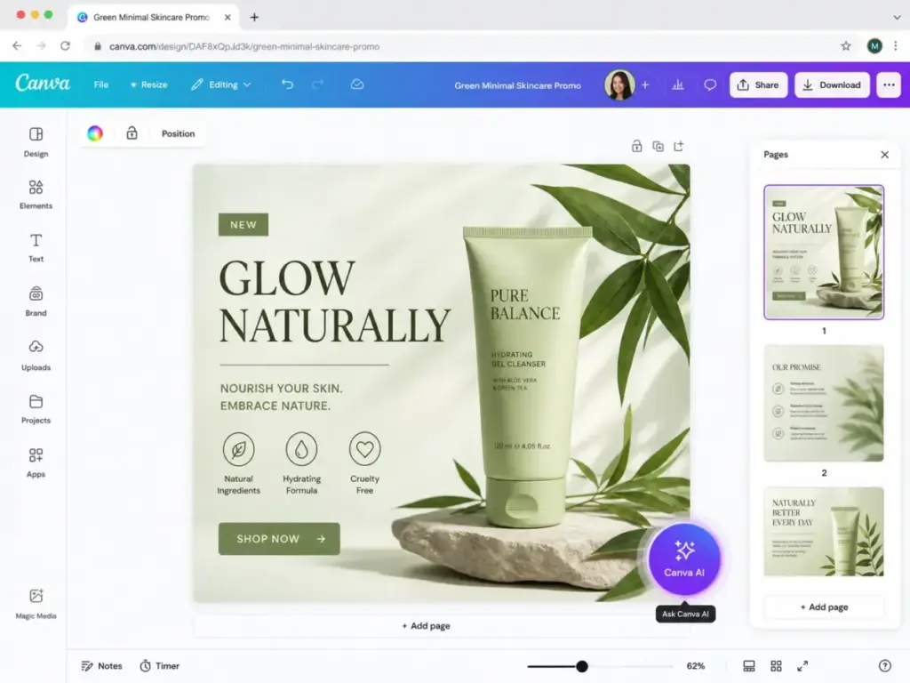Canva editor interface showing a skincare design project with the Canva AI assistant button visible in the bottom-right corner.