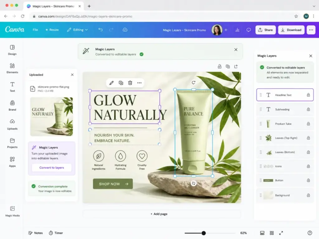 Canva Magic Layers interface showing a flat PNG converted into editable layers, with separated text, product image, leaves, icons, button, and background elements.