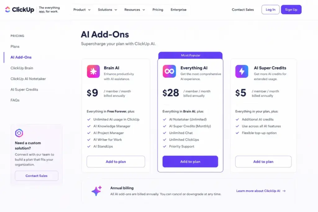 ClickUp AI add-ons pricing page showing Brain AI, Everything AI, and AI Super Credits cards.
