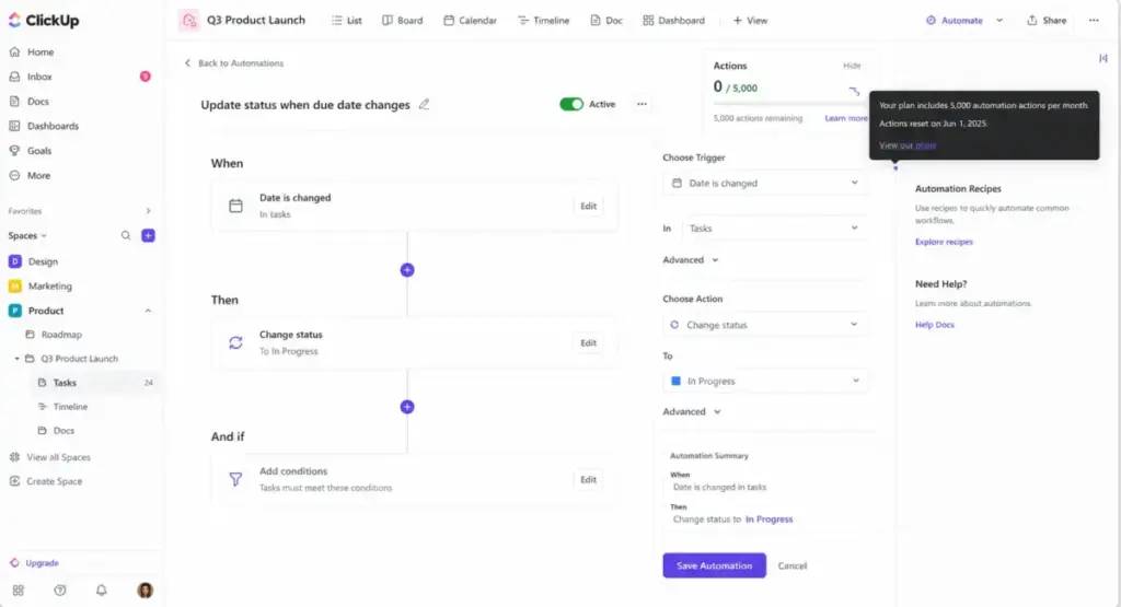 ClickUp automation builder showing trigger configuration, action setup, and monthly automation action limits.