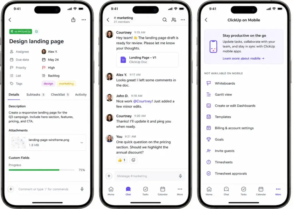 ClickUp mobile app showing task updates, team chat, and unsupported mobile features.