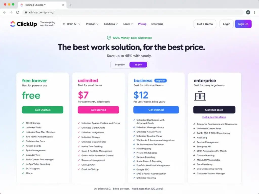 ClickUp pricing page showing Free Forever, Unlimited, Business, and Enterprise plans with yearly pricing.