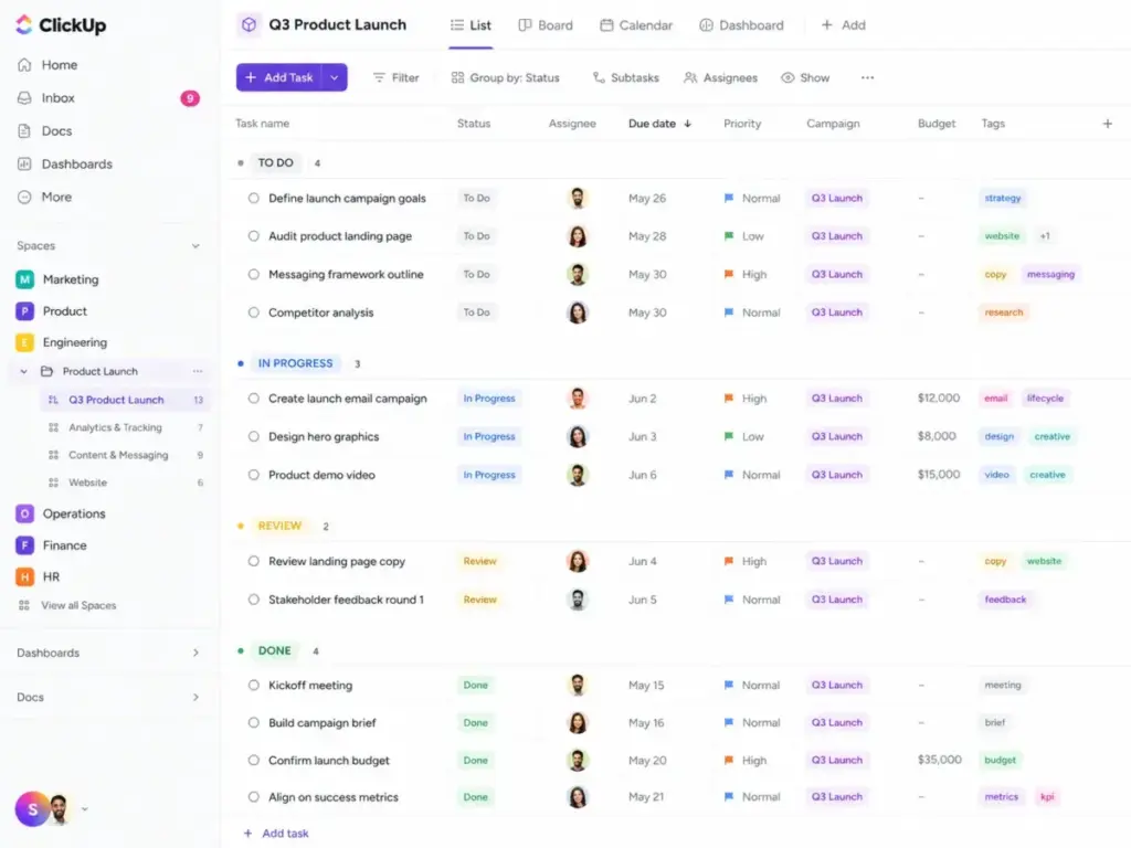ClickUp workspace showing Spaces, Folders, Lists, tasks, custom fields, statuses, and multiple project views.
