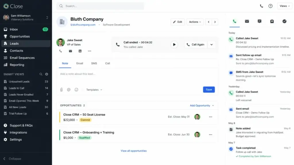 Close CRM lead workspace showing calling, SMS, email, opportunities, and sales activity timeline for outbound sales teams
