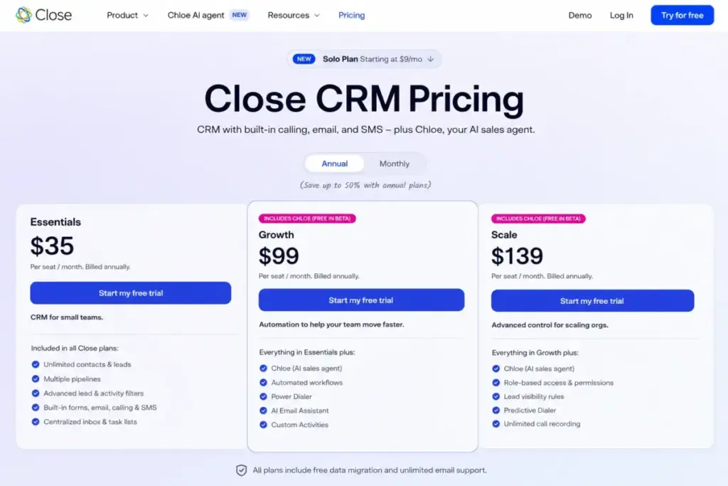 Close CRM pricing page showing Essentials, Growth, and Scale plans with Growth highlighted as the best fit for sales teams