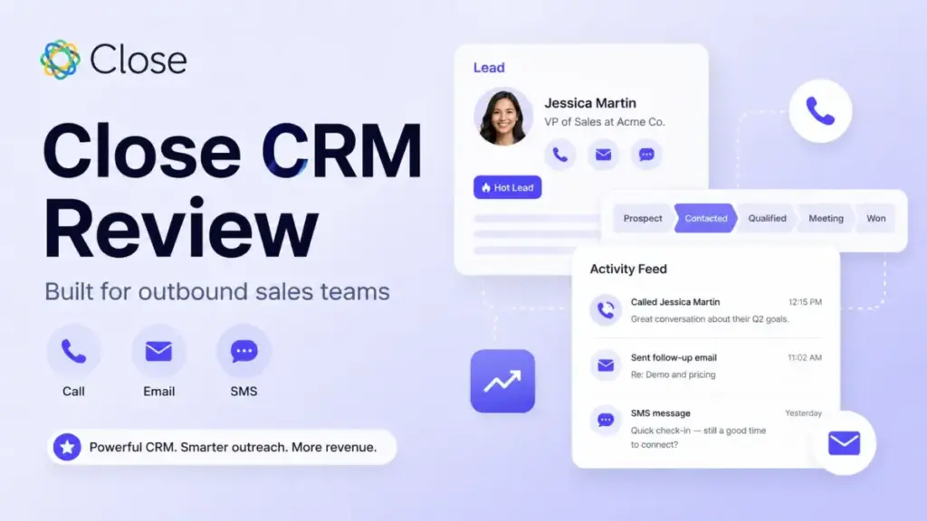 Close CRM review featured image showing outbound sales tools for calling, email, SMS, lead tracking, and activity management