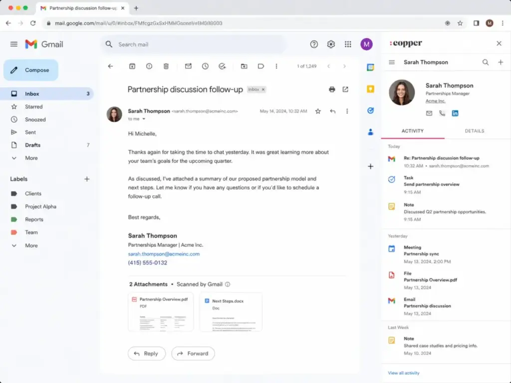 Copper CRM Gmail sidebar showing contact details and activity feed inside a Gmail inbox